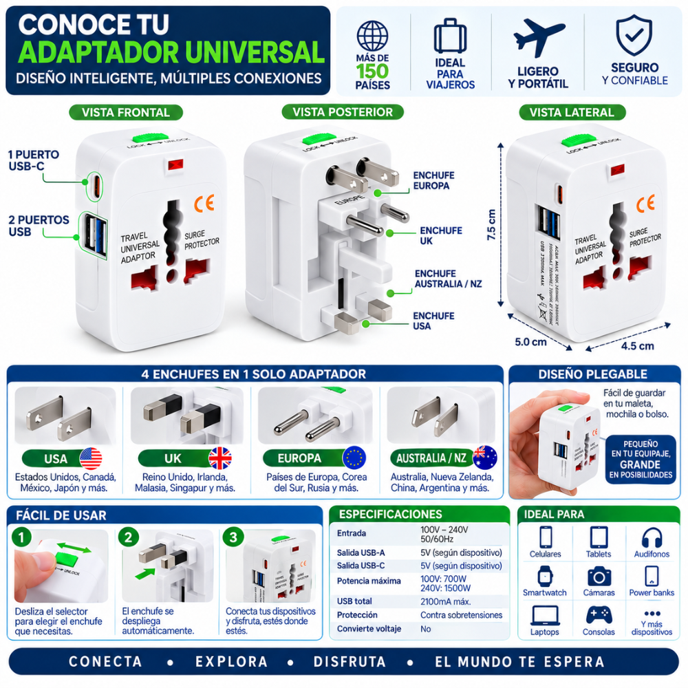Adaptador Universal De Viaje 150 Países 2 USB USB-C USA UK EU AU - Image 5