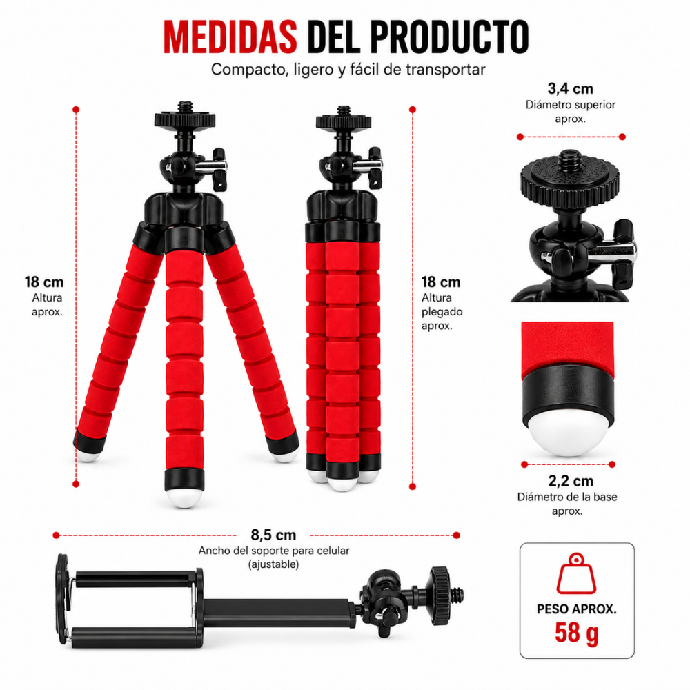 Mini Trípode Flexible 18cm Cabezal 360° Rosca 1/4 Celular Cámara GoPro - Image 5