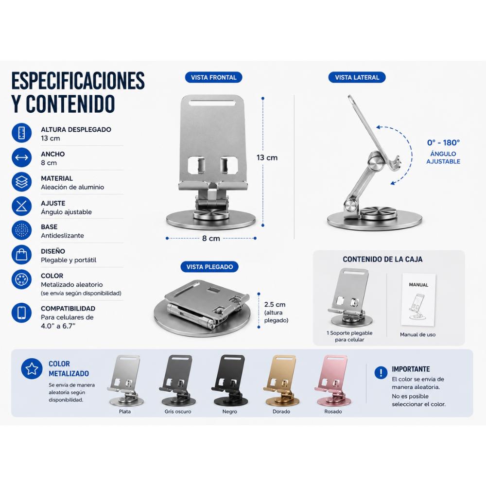 Soporte Celular Aluminio Ajustable Plegable Escritorio 13cm Metalizado Portátil - Image 5