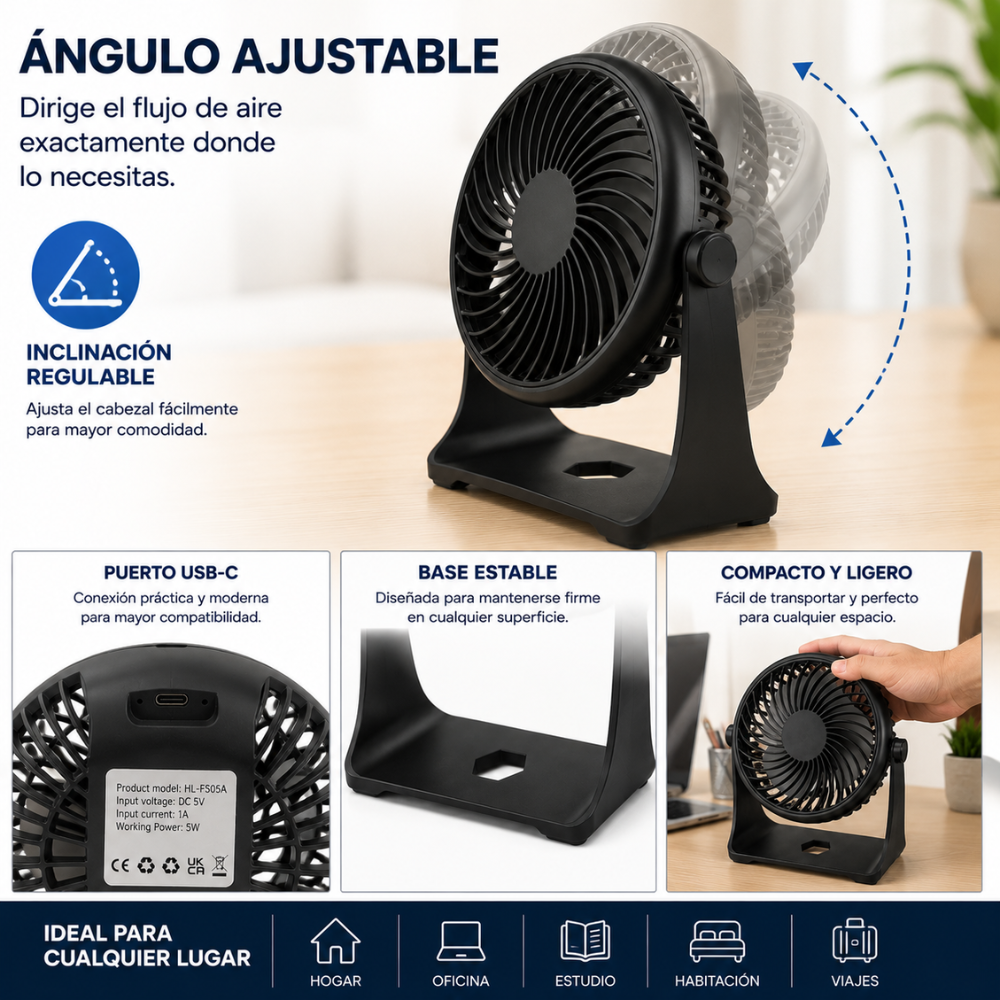 Mini Ventilador 3 En 1 Portátil USB-C De Mesa 5W Ajustable - Image 5