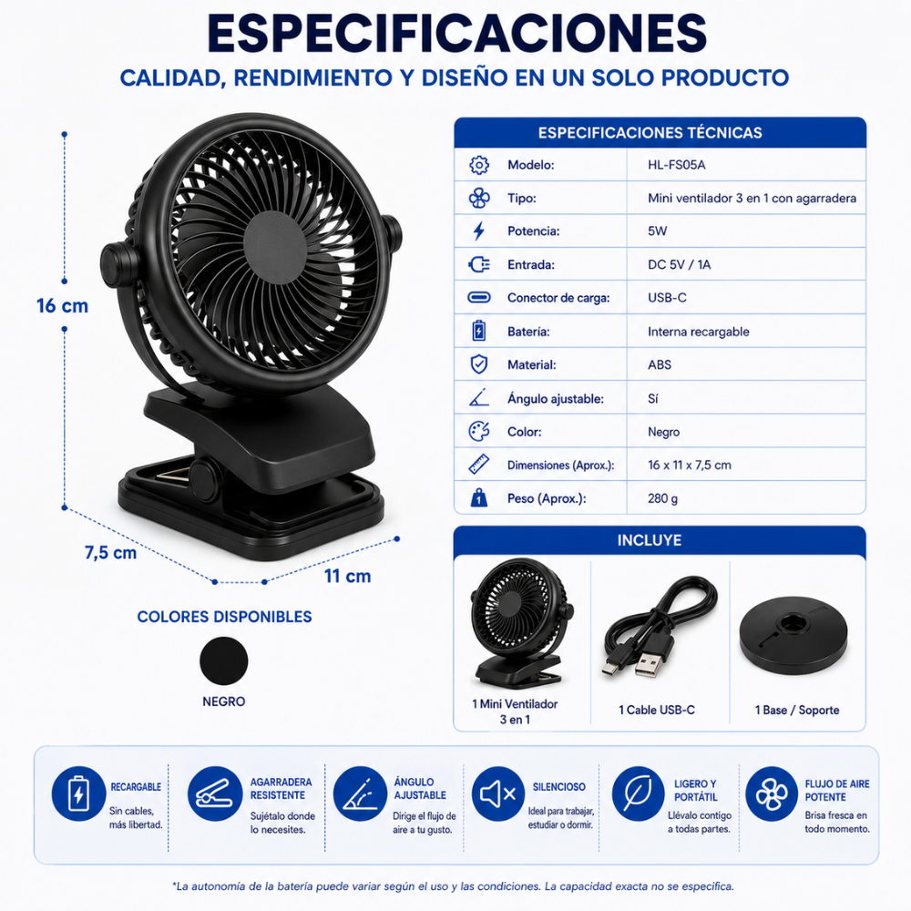 Mini Ventilador 3 En 1 Recargable Con Agarradera USB-C 5W Portátil - Image 6