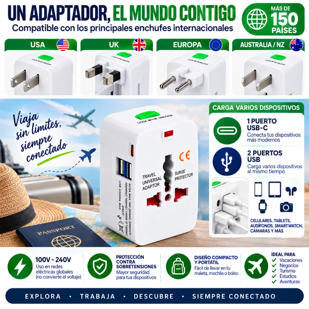 Adaptador Universal De Viaje 150 Países 2 USB USB-C USA UK EU AU - Image 6