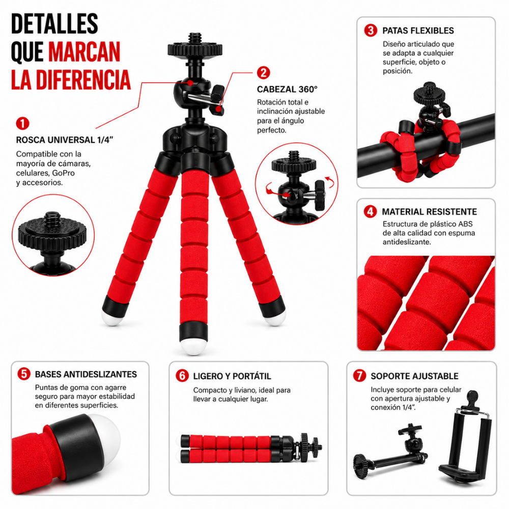 Mini Trípode Flexible 18cm Cabezal 360° Rosca 1/4 Celular Cámara GoPro - Image 6