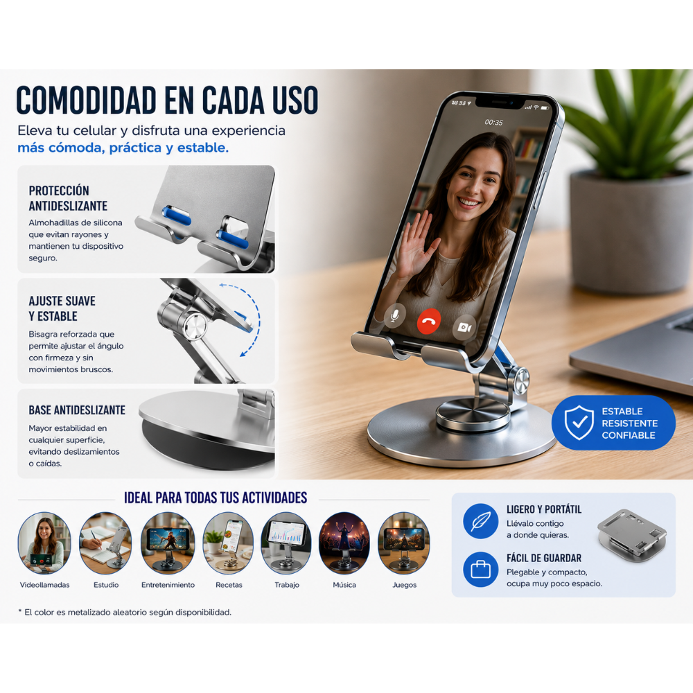 Soporte Celular Aluminio Ajustable Plegable Escritorio 13cm Metalizado Portátil - Image 6