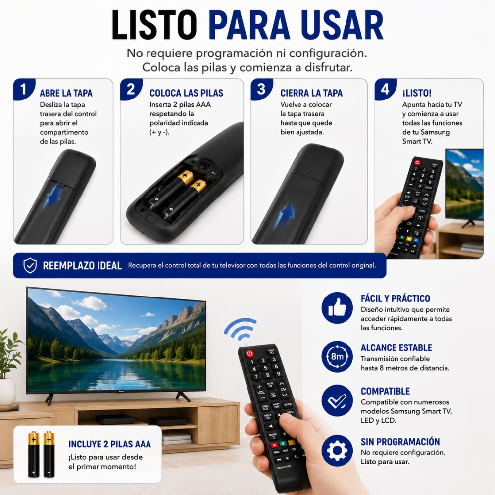 Control Remoto PARA Samsung Smart TV BN59-01199F Reemplazo + 2 Pilas AAA Incluidas - Image 7