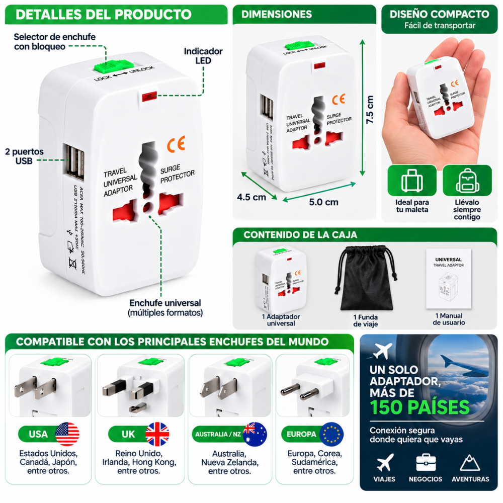 Adaptador Universal De Viaje 150 Países 2 USB USA UK Europa Australia NZ - Image 7