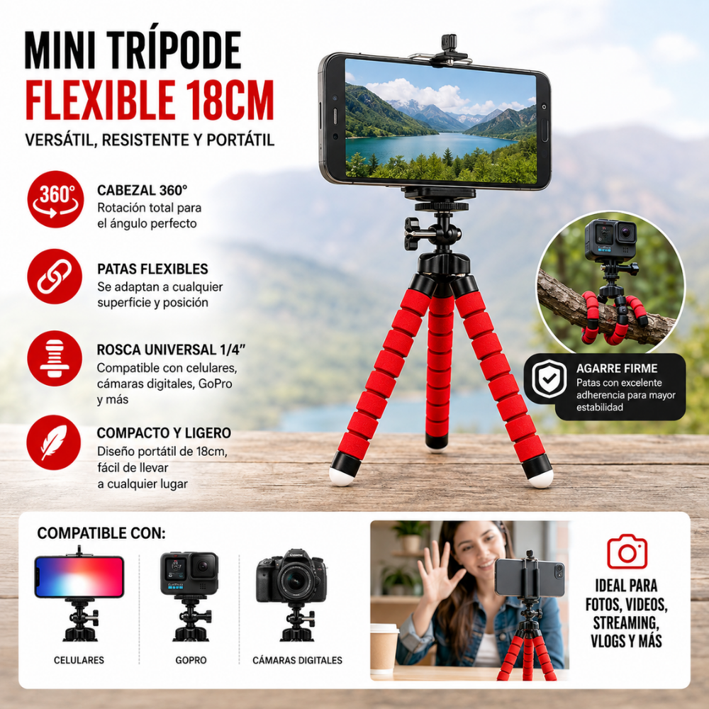 Mini Trípode Flexible 18cm Cabezal 360° Rosca 1/4 Celular Cámara GoPro - Image 7