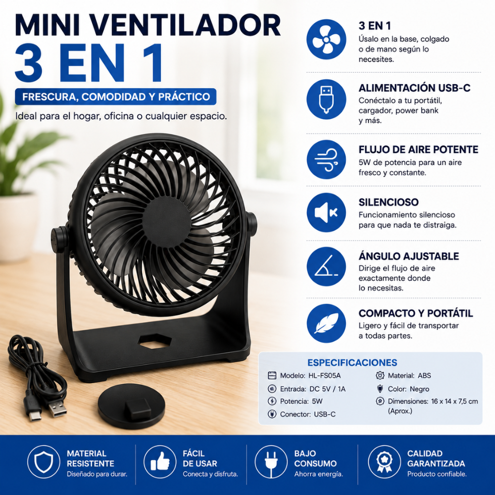 Mini Ventilador 3 En 1 Portátil USB-C De Mesa 5W Ajustable - Image 7