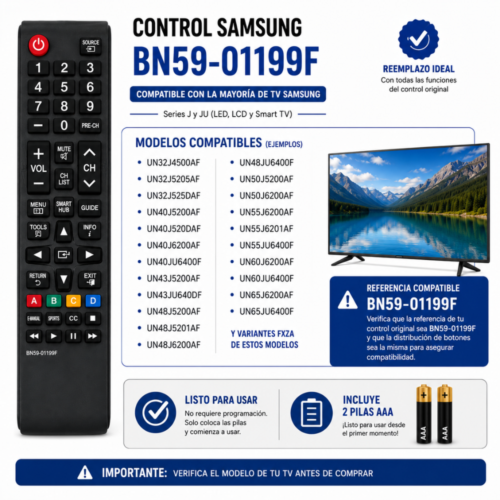 Control Remoto PARA Samsung Smart TV BN59-01199F Reemplazo + 2 Pilas AAA Incluidas - Image 8