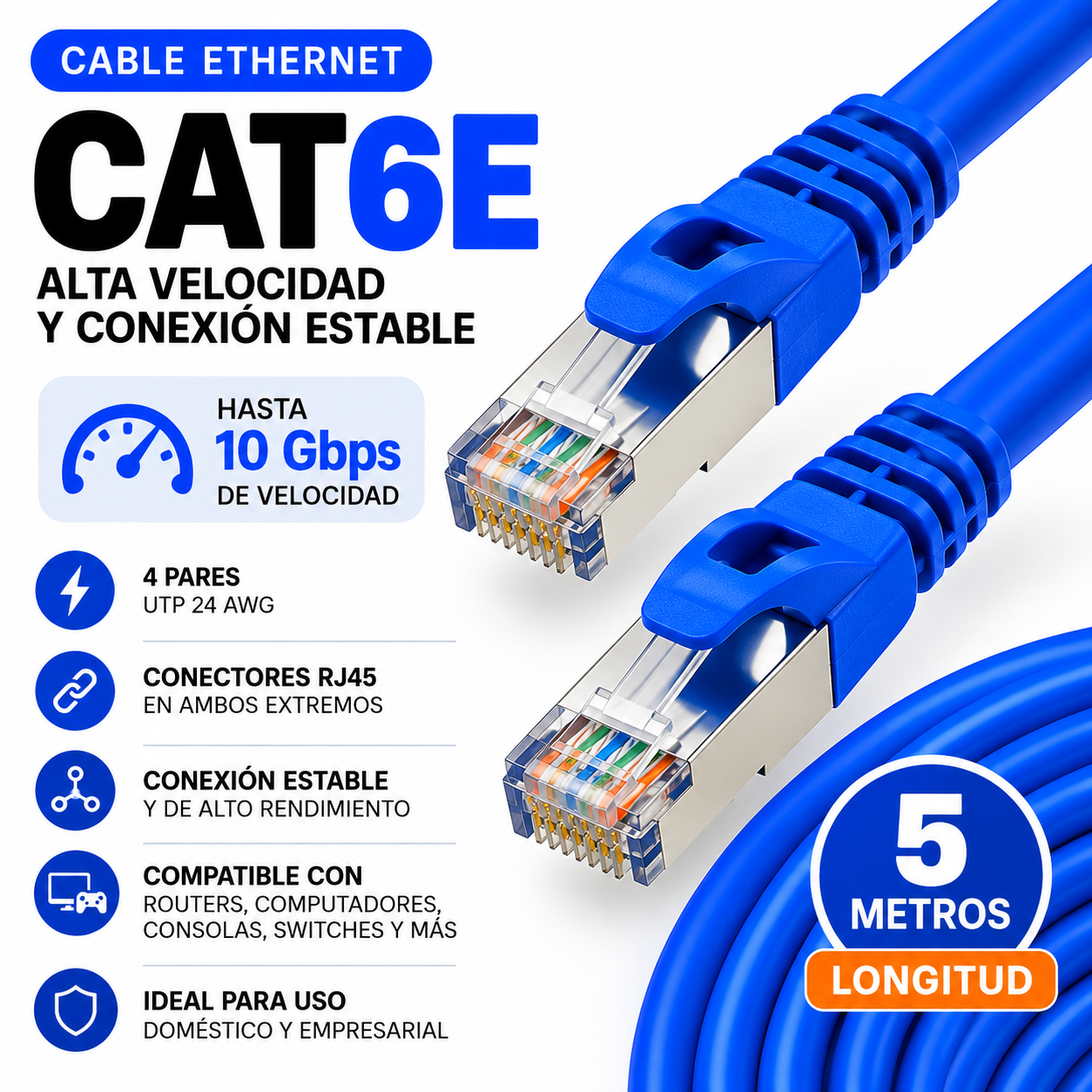 Cable De Red Ethernet RJ45 CAT6E 5 Metros UTP Alta Velocidad Azul - Image 7
