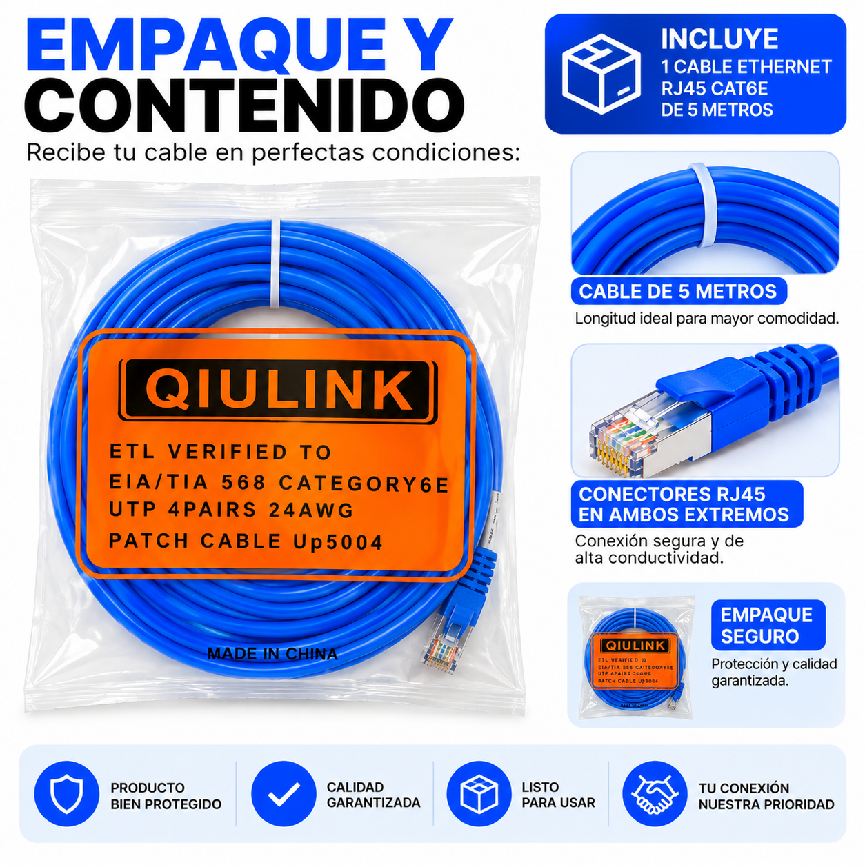 Cable De Red Ethernet RJ45 CAT6E 5 Metros UTP Alta Velocidad Azul - Image 4