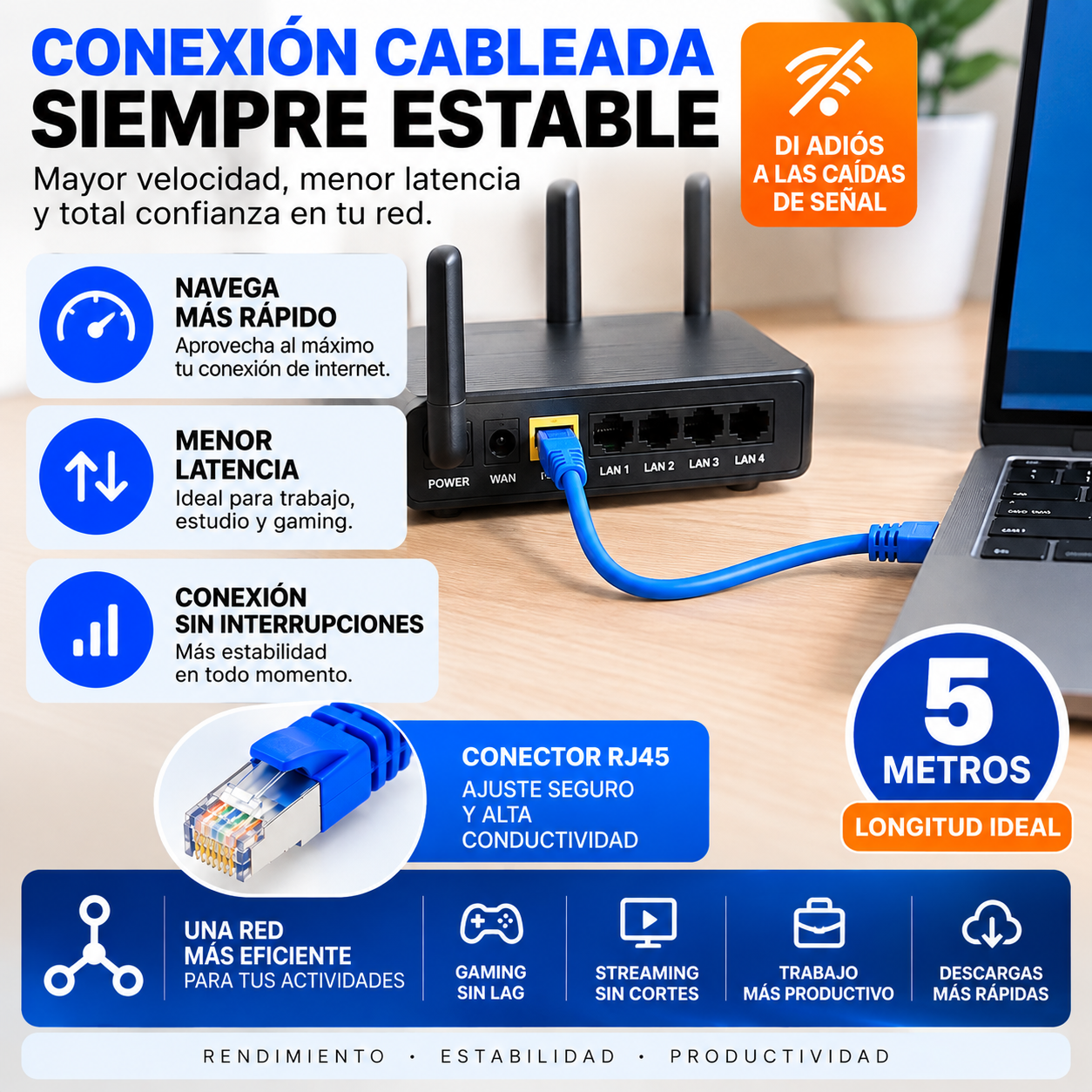 Cable De Red Ethernet RJ45 CAT6E 5 Metros UTP Alta Velocidad Azul - Image 3