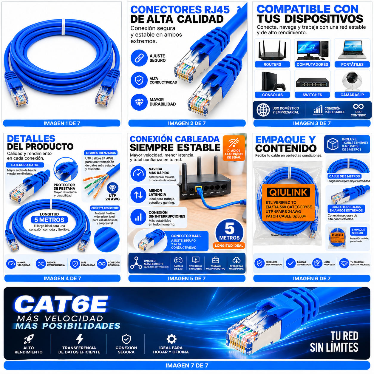 Cable De Red Ethernet RJ45 CAT6E 5 Metros UTP Alta Velocidad Azul - Image 2