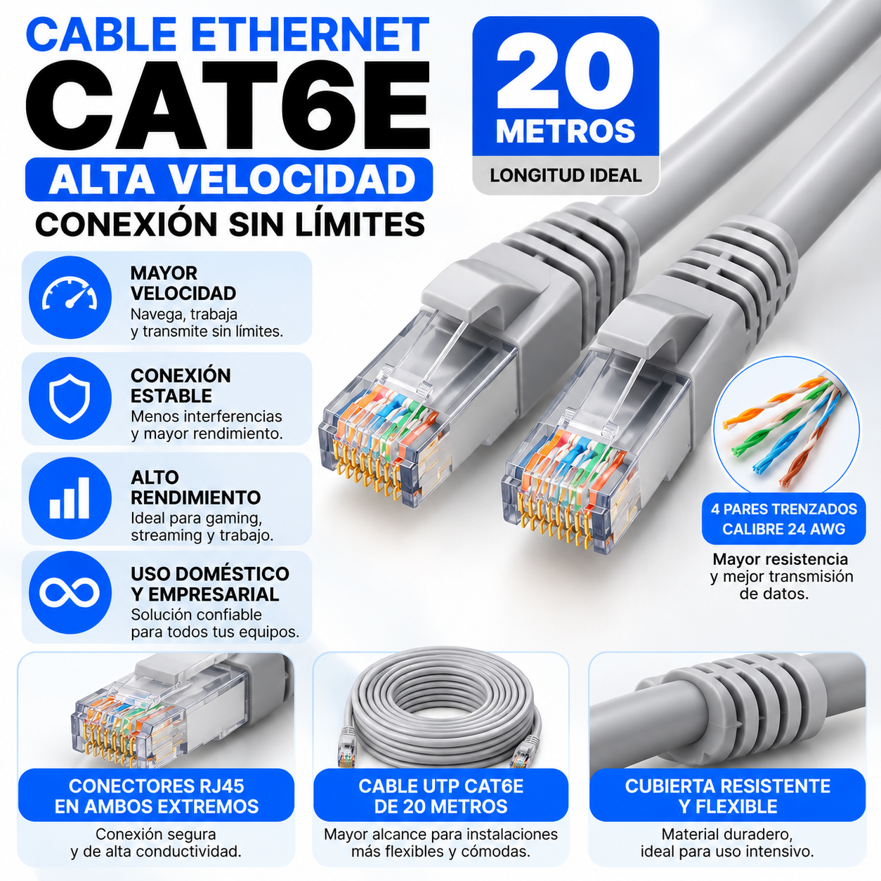 Cable De Red Ethernet RJ45 CAT6E 20 Metros UTP Gris Alta Velocidad Estable - Image 6