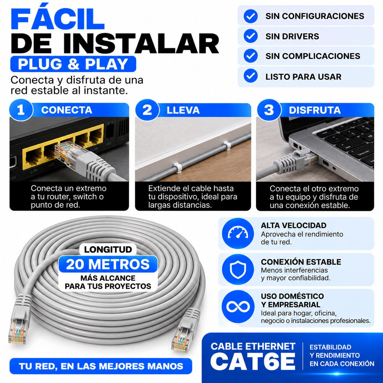Cable De Red Ethernet RJ45 CAT6E 20 Metros UTP Gris Alta Velocidad Estable - Image 2