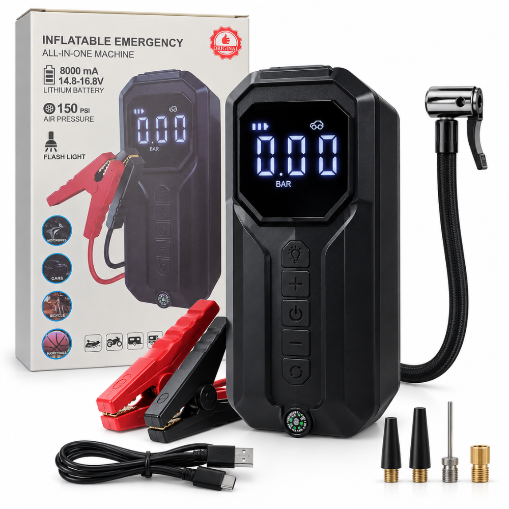 Arrancador Carro 1000A Compresor 150 PSI Power Bank 8000mAh Linterna LED