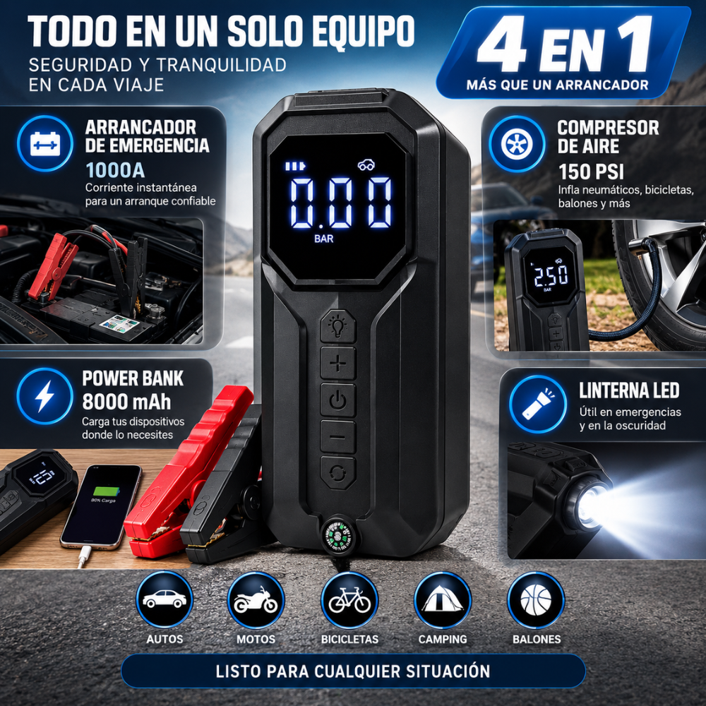 Arrancador Carro 1000A Compresor 150 PSI Power Bank 8000mAh Linterna LED - Image 2