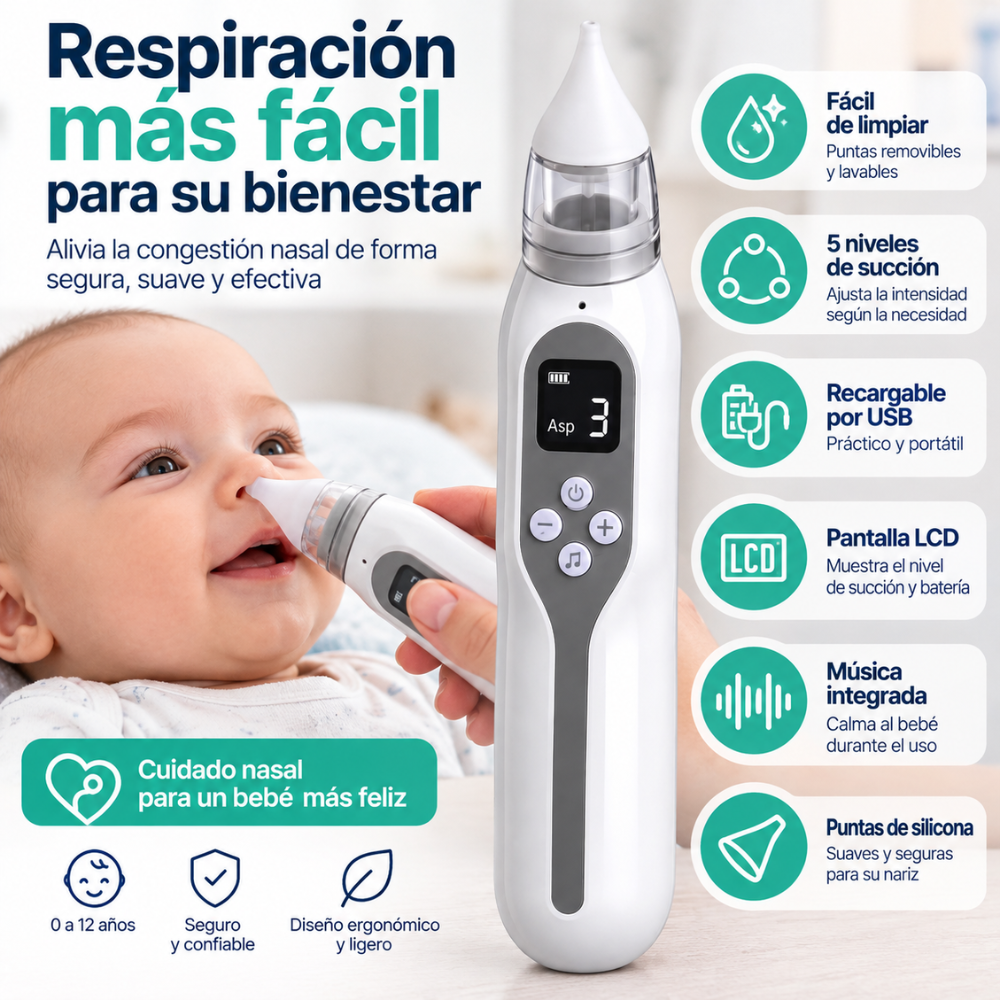 Aspirador Nasal Eléctrico Para Bebés Recargable USB 5 Niveles LCD Música - Image 2