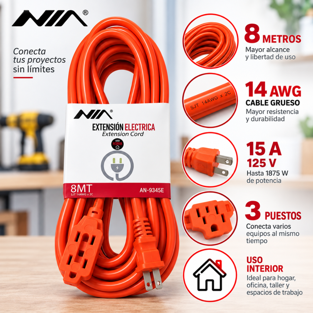 Extensión Eléctrica NIA 8 Metros 15A 1875W Cable Grueso 14AWG 3 Puestos - Image 2