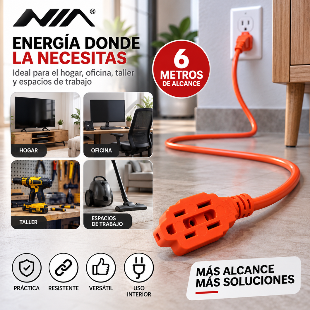 Extensión Eléctrica NIA 6 Metros 15A 1875W Cable Grueso 14AWG 3 Puestos - Image 2