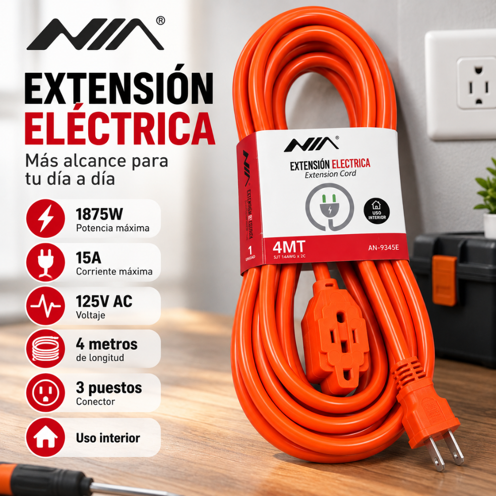 Extensión Eléctrica NIA 4 Metros 15A 1875W 3 Puestos Cable Grueso Hogar Oficina - Image 2