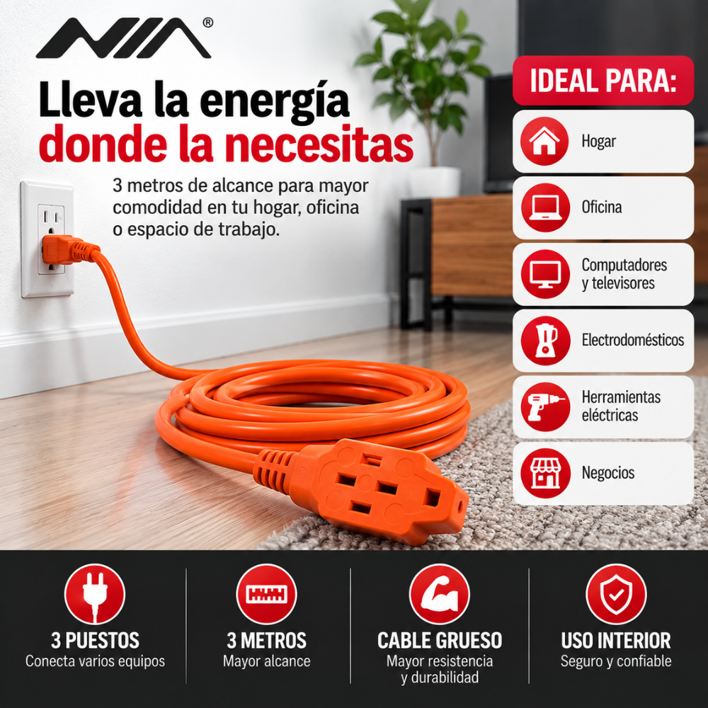 Extensión Eléctrica NIA 3 Metros 15A 1875W 3 Puestos Cable Grueso Hogar Oficina - Image 2