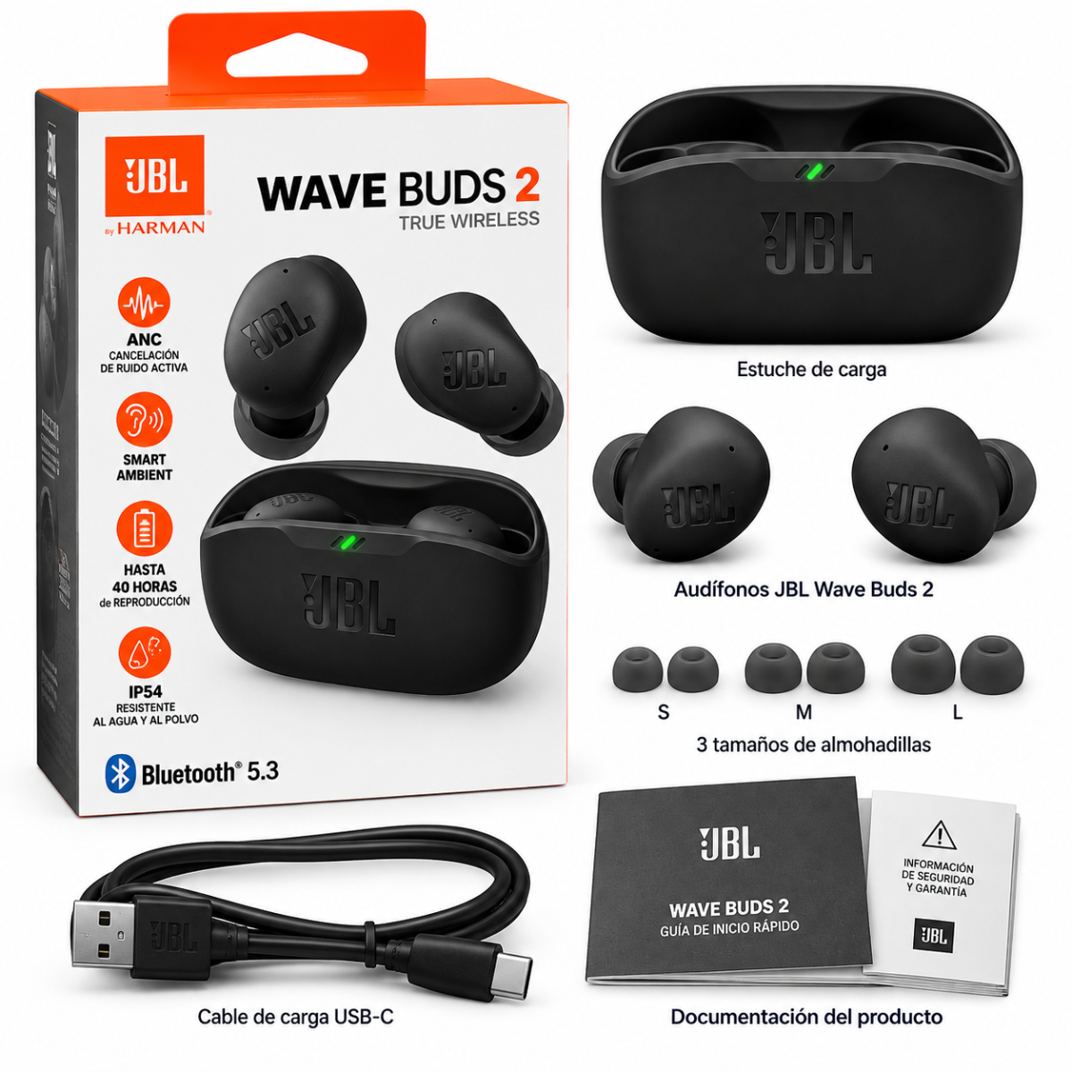 JBL Wave Buds 2 Audífonos Bluetooth 5.3 ANC Pure Bass IP54 Negros - Image 2