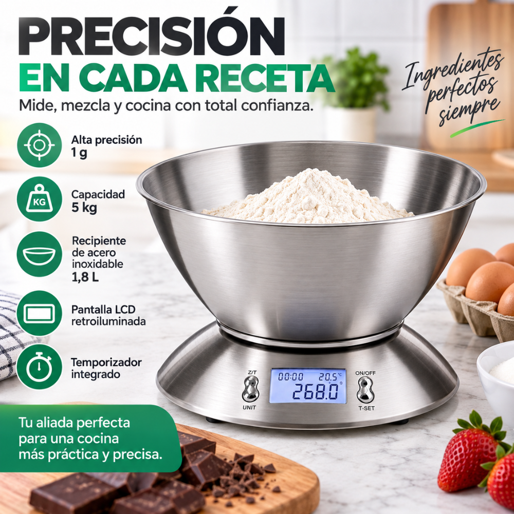 Báscula Digital Cocina 5 Kg Acero Inoxidable Bowl 1,8 L 1 g - Image 2