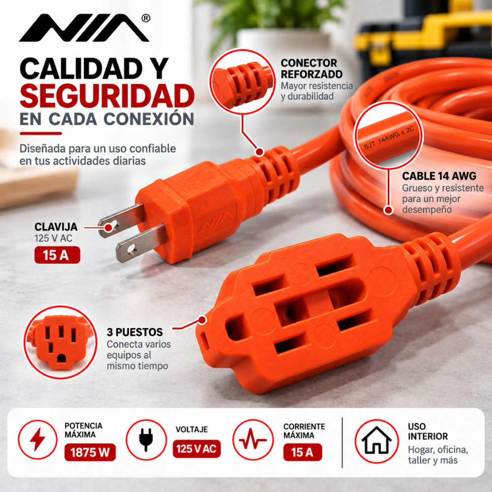 Extensión Eléctrica NIA 6 Metros 15A 1875W Cable Grueso 14AWG 3 Puestos - Image 3