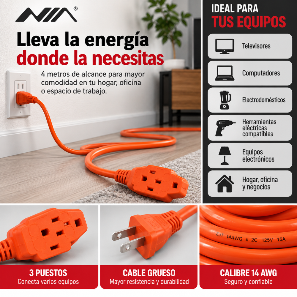 Extensión Eléctrica NIA 4 Metros 15A 1875W 3 Puestos Cable Grueso Hogar Oficina - Image 3