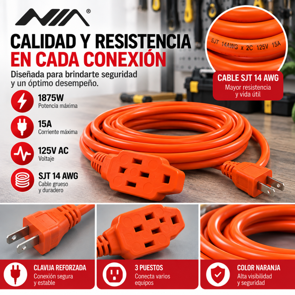 Extensión Eléctrica NIA 3 Metros 15A 1875W 3 Puestos Cable Grueso Hogar Oficina - Image 3