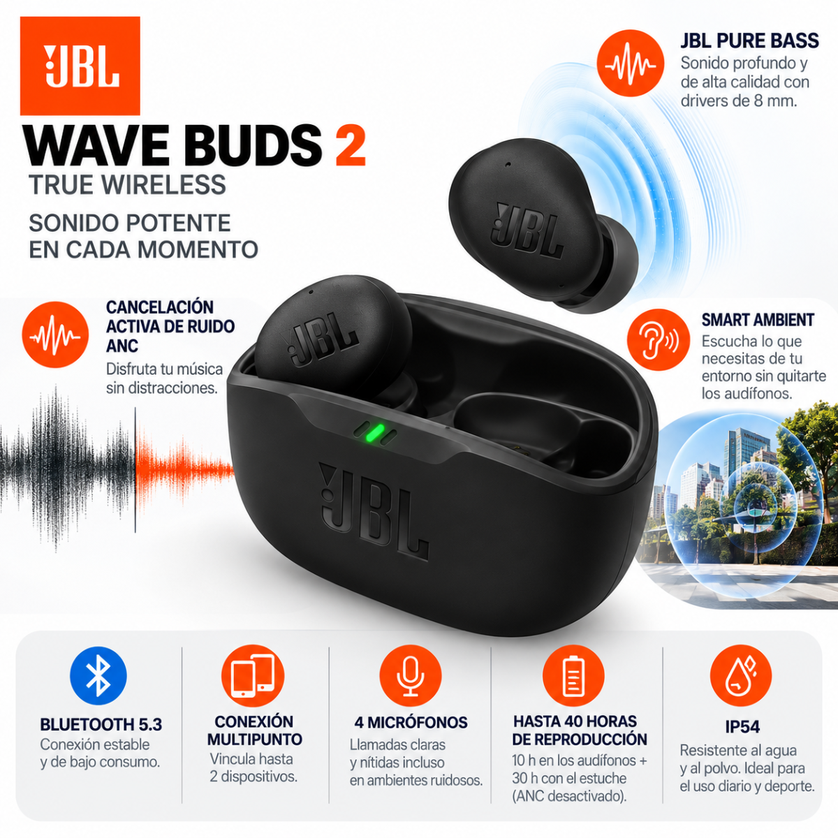JBL Wave Buds 2 Audífonos Bluetooth 5.3 ANC Pure Bass IP54 Negros - Image 3