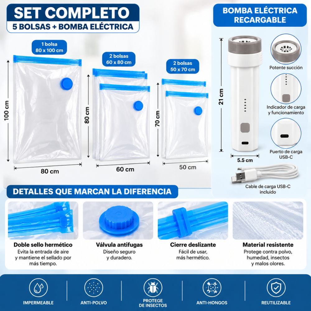 Set Bolsas de Almacenamiento al Vacío 5 Piezas con Bomba Eléctrica - Image 3