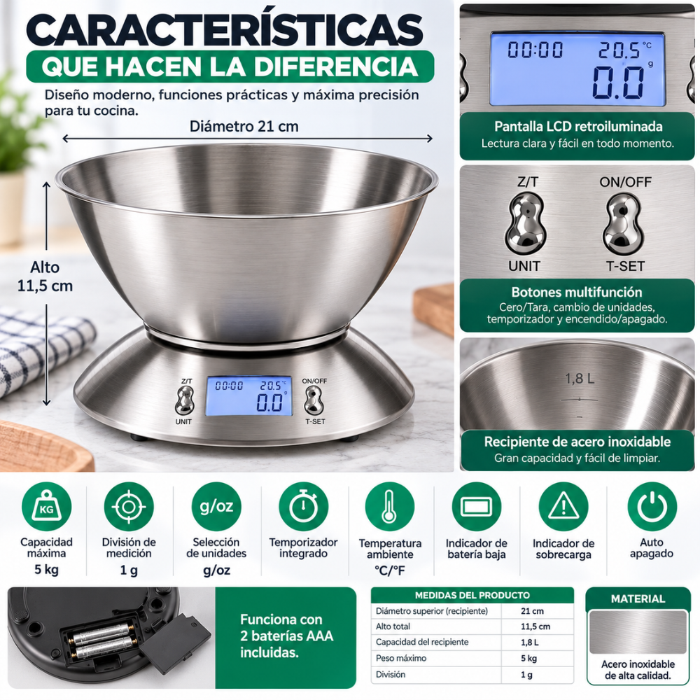 Báscula Digital Cocina 5 Kg Acero Inoxidable Bowl 1,8 L 1 g - Image 3