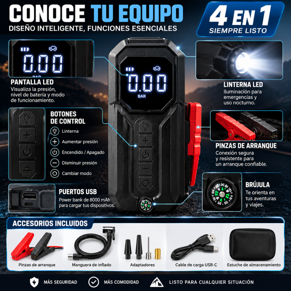 Arrancador Carro 1000A Compresor 150 PSI Power Bank 8000mAh Linterna LED - Image 4