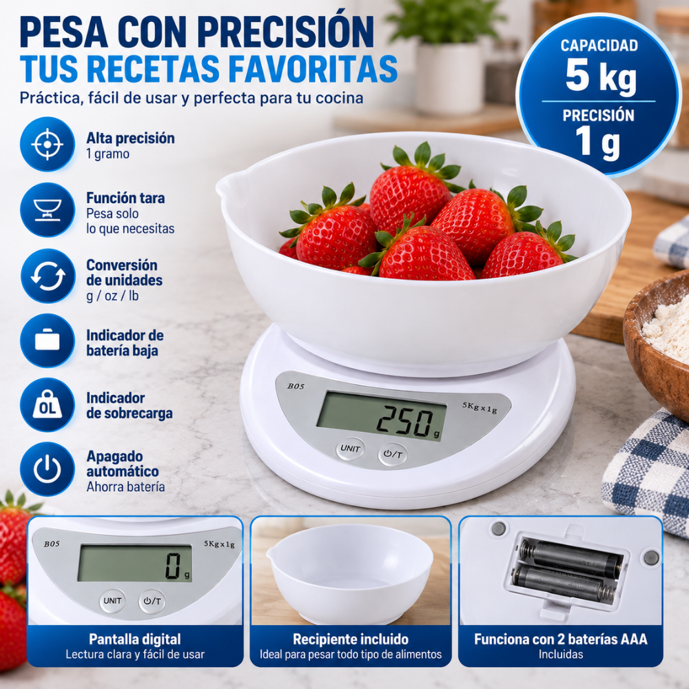 Balanza Cocina Digital 5kg X 1g Con Recipiente Medidor Para Alimentos - Image 4
