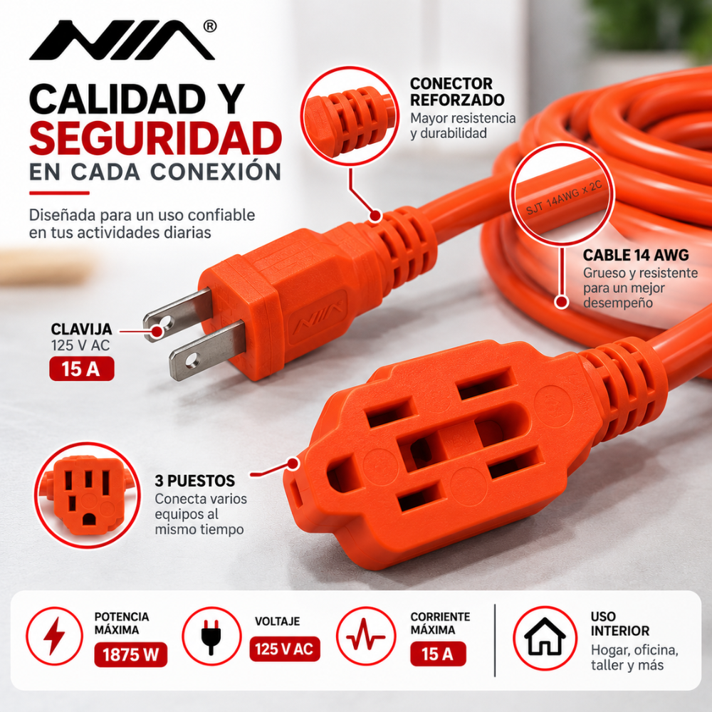 Extensión Eléctrica NIA 8 Metros 15A 1875W Cable Grueso 14AWG 3 Puestos - Image 4