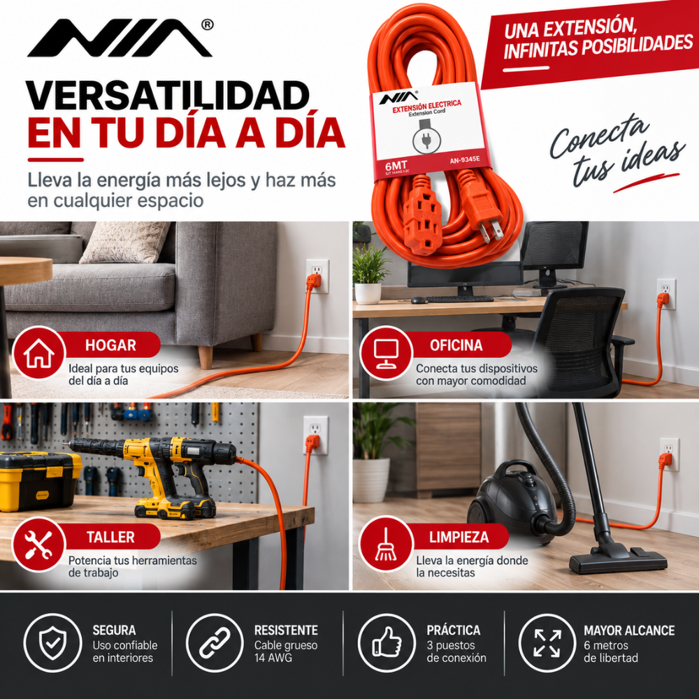 Extensión Eléctrica NIA 6 Metros 15A 1875W Cable Grueso 14AWG 3 Puestos - Image 4
