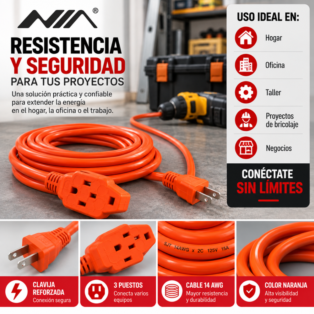 Extensión Eléctrica NIA 4 Metros 15A 1875W 3 Puestos Cable Grueso Hogar Oficina - Image 4