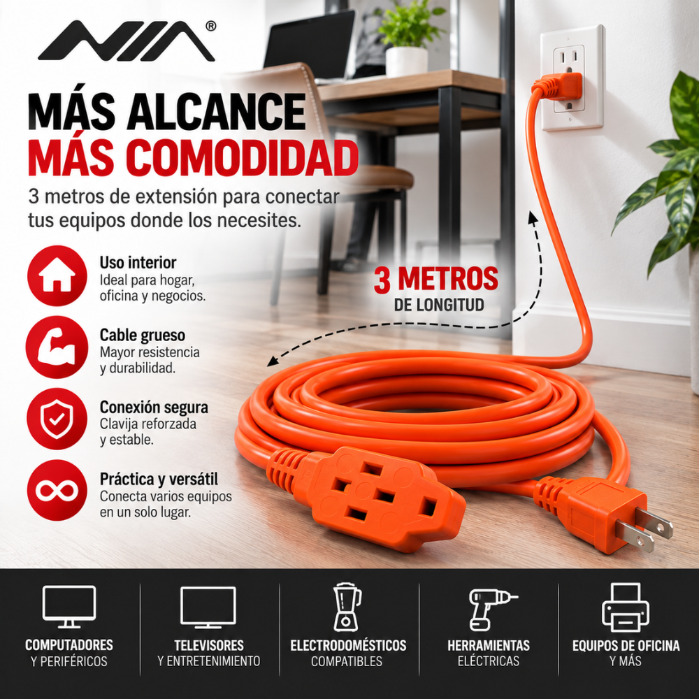 Extensión Eléctrica NIA 3 Metros 15A 1875W 3 Puestos Cable Grueso Hogar Oficina - Image 4