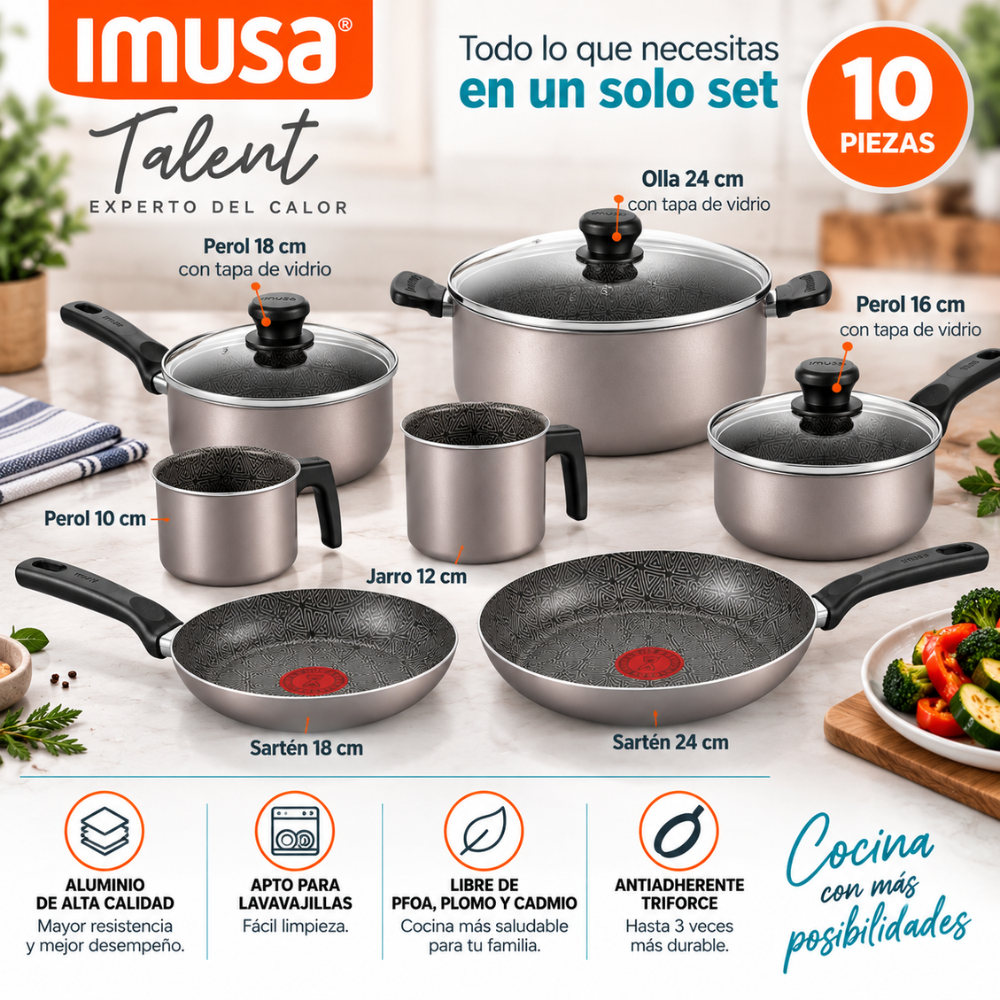 Batería de Cocina 10 Piezas Antiadherente IMUSA Talent con Ollas y Sartenes - Image 4