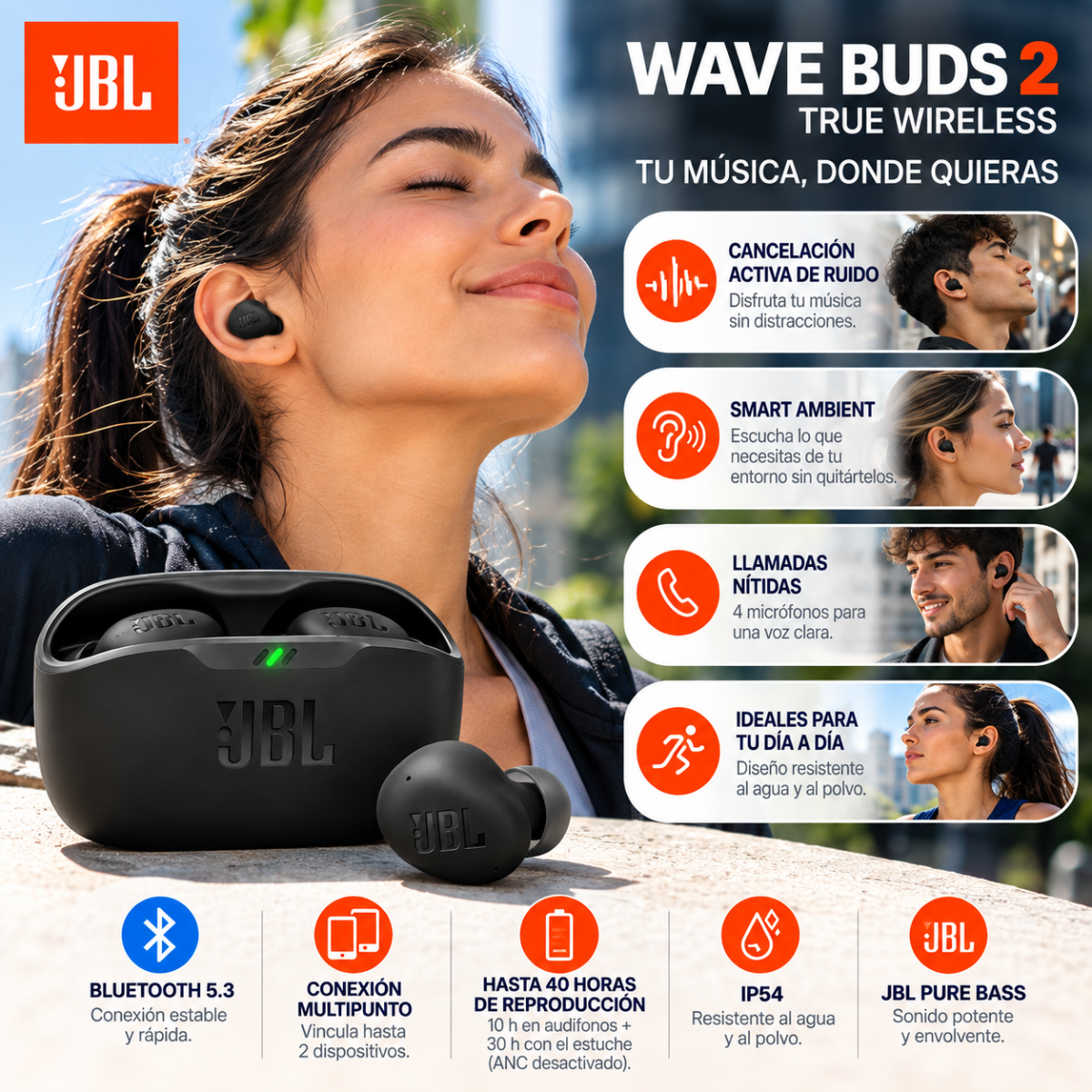 JBL Wave Buds 2 Audífonos Bluetooth 5.3 ANC Pure Bass IP54 Negros - Image 4
