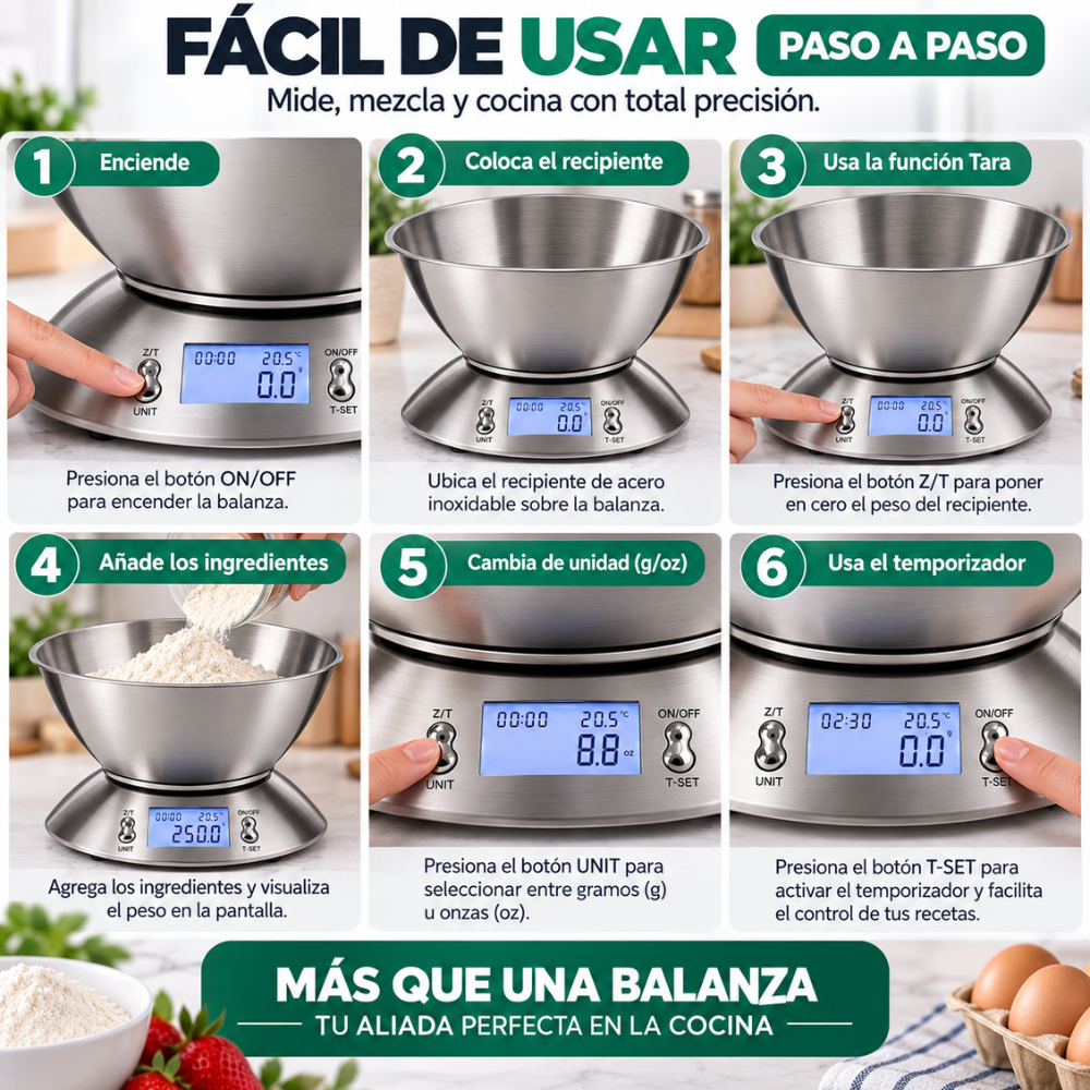 Báscula Digital Cocina 5 Kg Acero Inoxidable Bowl 1,8 L 1 g - Image 4