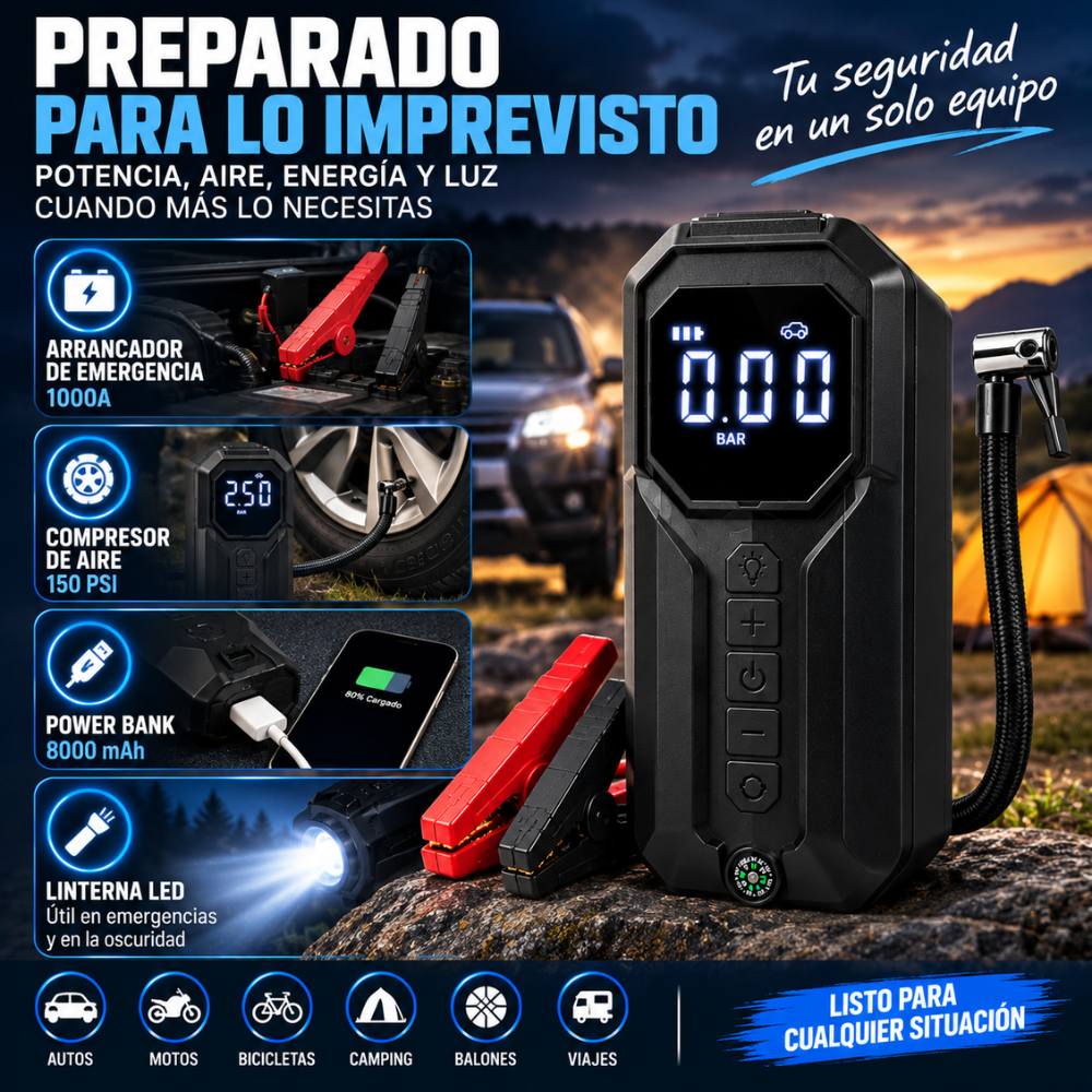 Arrancador Carro 1000A Compresor 150 PSI Power Bank 8000mAh Linterna LED - Image 5