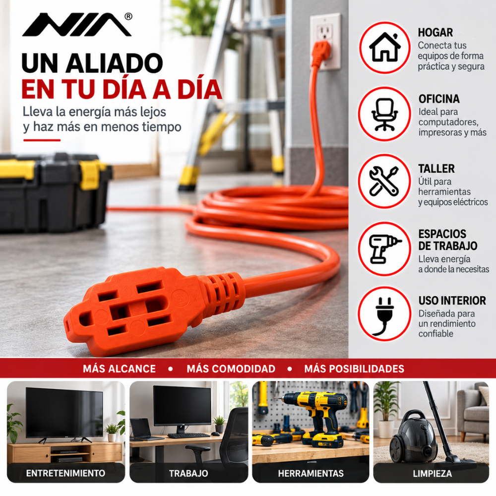 Extensión Eléctrica NIA 8 Metros 15A 1875W Cable Grueso 14AWG 3 Puestos - Image 5