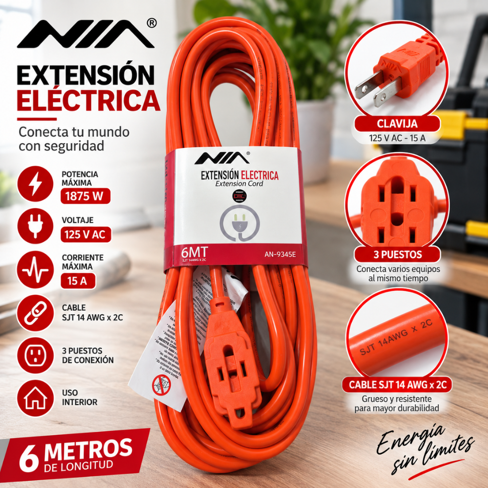 Extensión Eléctrica NIA 6 Metros 15A 1875W Cable Grueso 14AWG 3 Puestos - Image 5