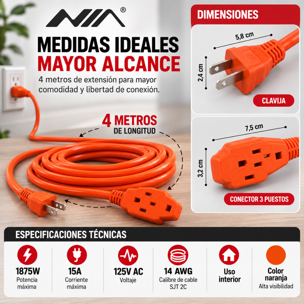 Extensión Eléctrica NIA 4 Metros 15A 1875W 3 Puestos Cable Grueso Hogar Oficina - Image 5