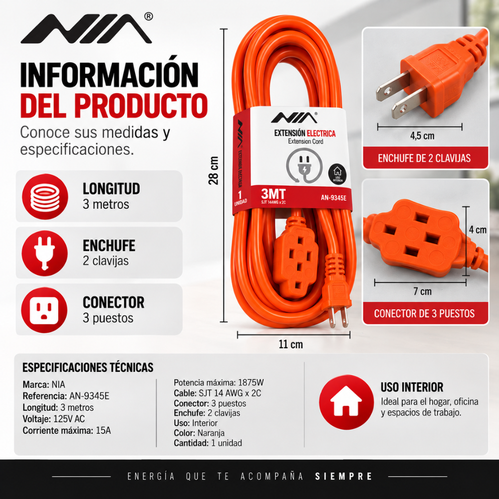 Extensión Eléctrica NIA 3 Metros 15A 1875W 3 Puestos Cable Grueso Hogar Oficina - Image 5