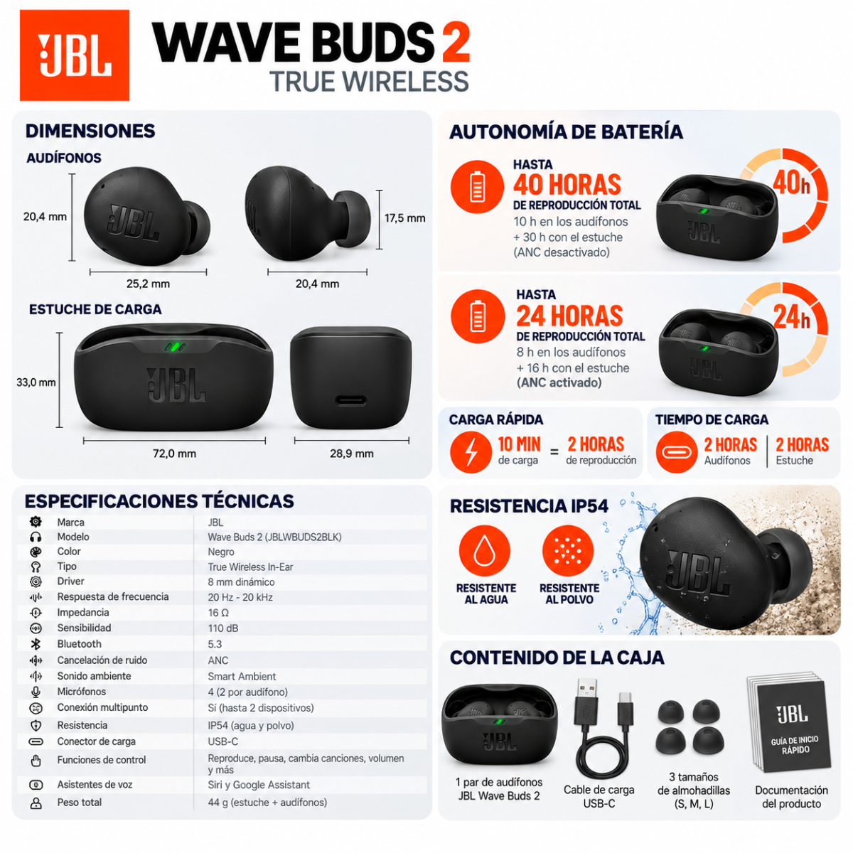 JBL Wave Buds 2 Audífonos Bluetooth 5.3 ANC Pure Bass IP54 Negros - Image 5