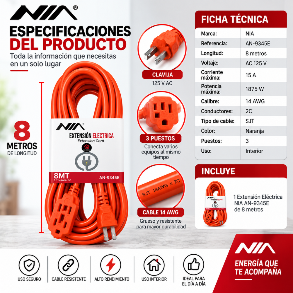 Extensión Eléctrica NIA 8 Metros 15A 1875W Cable Grueso 14AWG 3 Puestos - Image 6